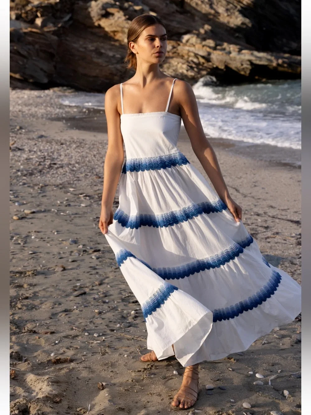 Oliphant White Cotton Maxi Dress with Blue Ric Rac Trim, Size Medium - Picture 7 of 10